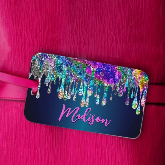 Cute modern Blue Glitter Drips monogram Luggage Tag (Creator Uploaded)