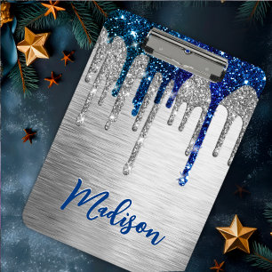 Cute modern Blue Glitter Drips monogram Mini Clipboard