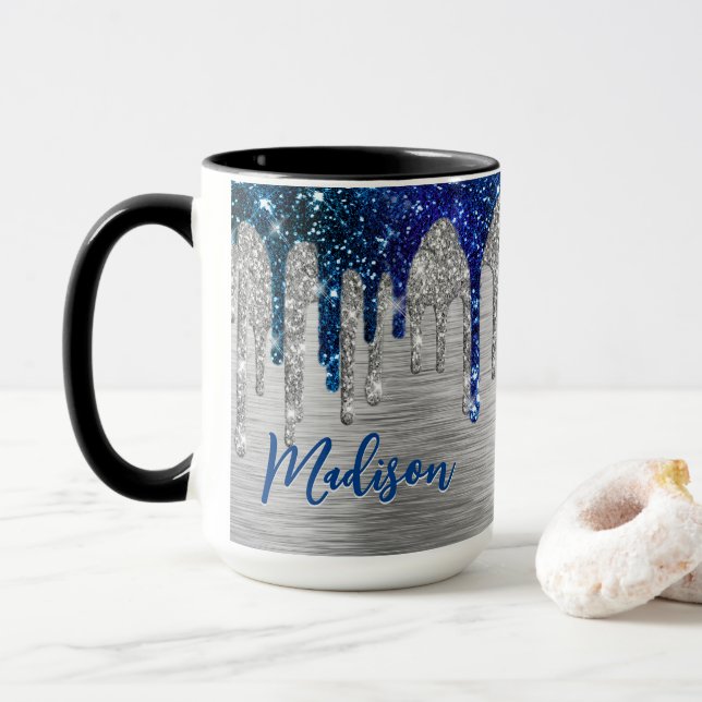 Cute modern Blue Glitter Drips monogram Mug (With Donut)