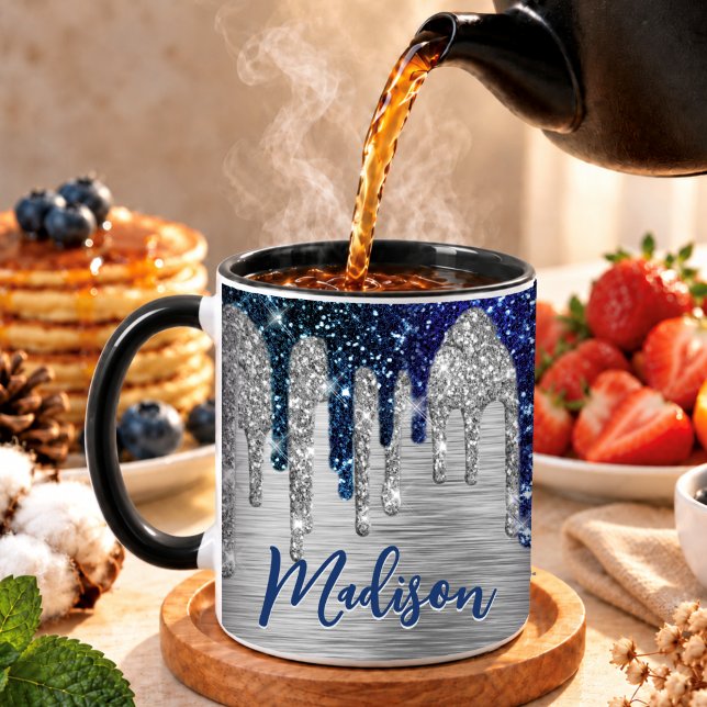 Cute modern Blue Glitter Drips monogram Mug (Creator Uploaded)