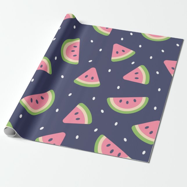 Cute Modern Blue Green Birthday Watermelon Fruit Wrapping Paper (Unrolled)