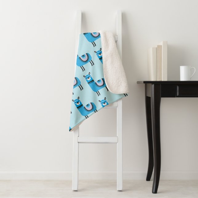 Cute Modern Blue Llama Pattern Sherpa Blanket (In Situ)