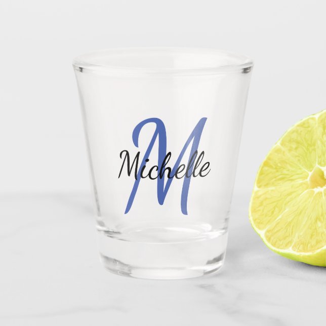 Cute Modern Blue Monogrammed Name + Initial Shot Glass (Front)