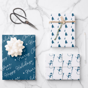 Cute Modern Blue Snowman Christmas Trees Script Wrapping Paper Sheet