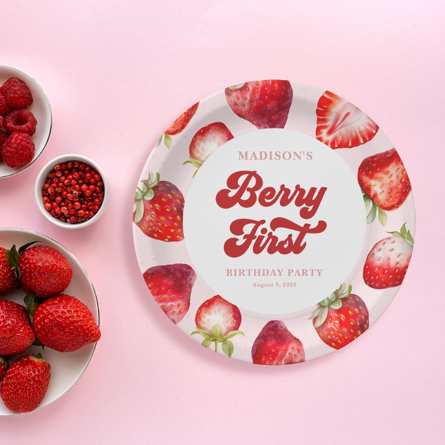 Cute Modern Boho Strawberry Berry 1st Birthday  Paper Plate (Creator Uploaded)
