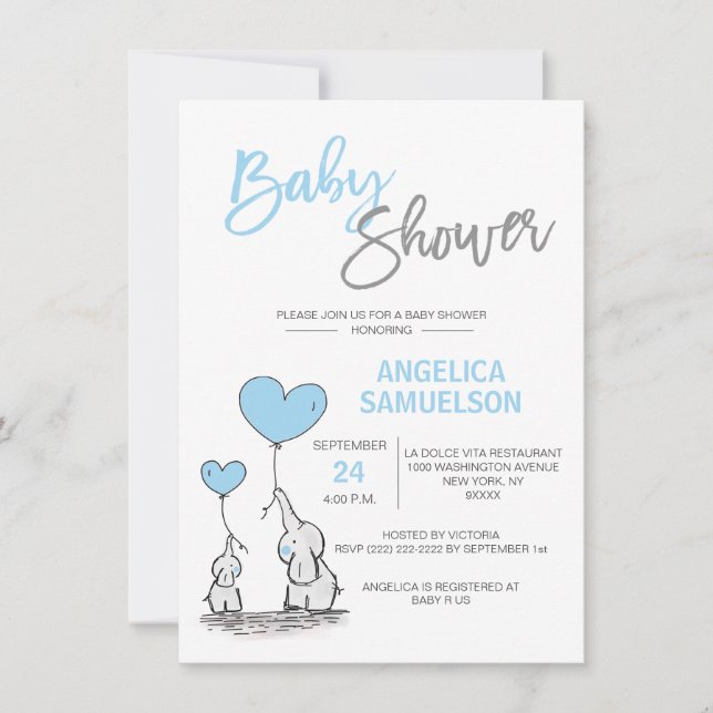Cute Modern BOY Blue Mummy Elephant & Baby Shower Invitation (Front)