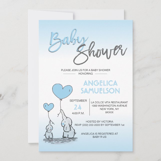 Cute Modern BOY Blue Mummy Elephant & Baby Shower Invitation (Front)