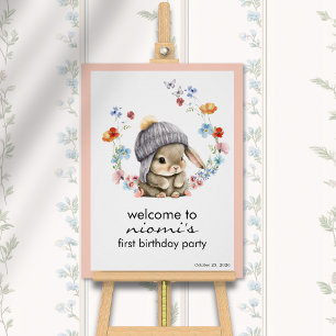 Cute Modern Bunny Flowers First Birthday Welcome Poster