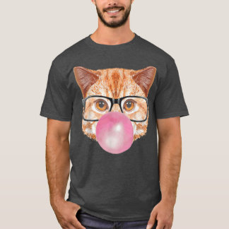 Cute Modern Cat with glasses and a pink bubble gum T-Shirt
