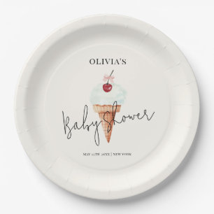 Cute Modern Cherry Scoop Ice Cream Baby Shower Paper Plate