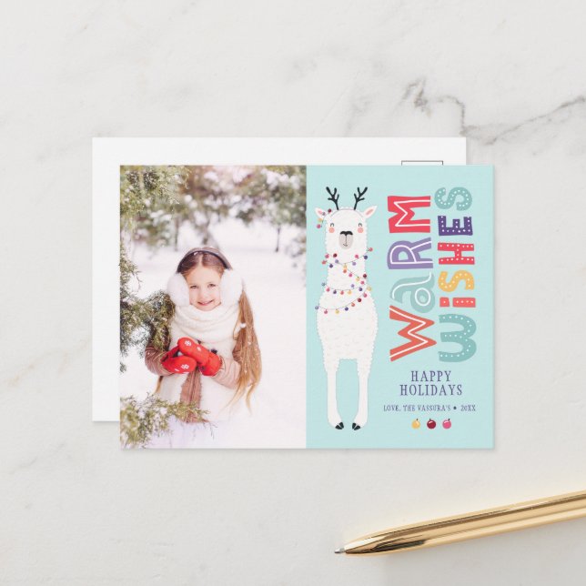 Cute Modern Christmas Llama String Lights Photo Holiday Postcard (Front/Back In Situ)