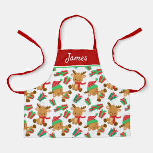 Cute Modern Christmas Reindeer Personalised Name Apron