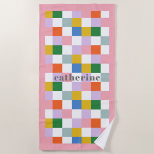 Cute Modern Colourful Checks with Name Beach Towel