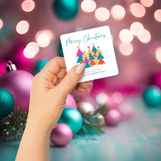Cute Modern Colourful Christmas Trees Typography Square Sticker