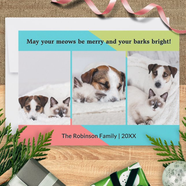 Cute Modern Colourful Collage Pet Photos Christmas Holiday Card (A colorful Christmas card to personalize with 3 of your favorite pet photos, your name and the year)
