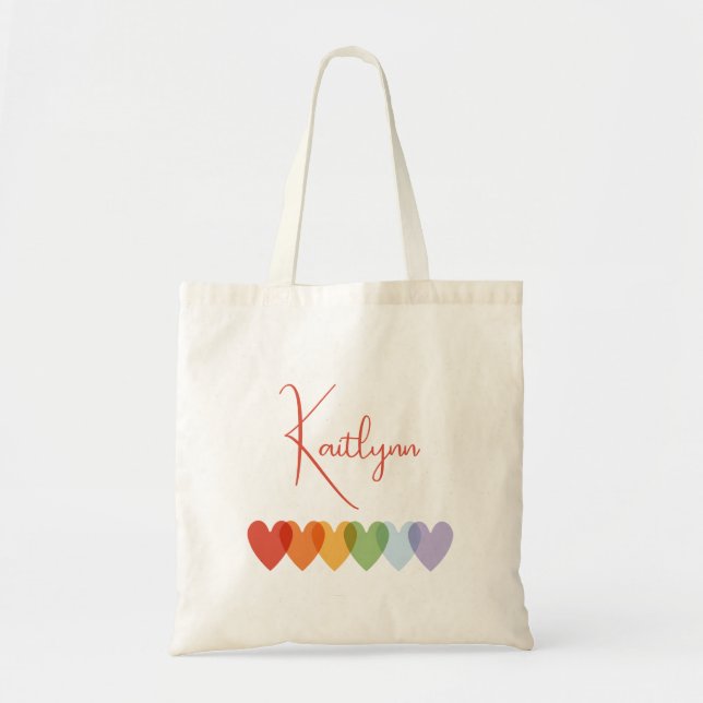 Cute Modern Colourful Rainbow Hearts Kids Girls Tote Bag (Front)