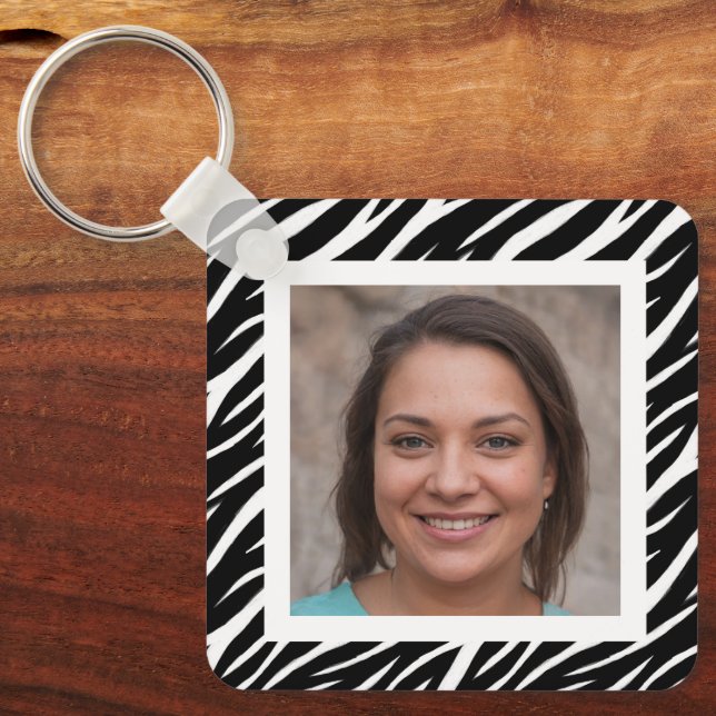 Cute Modern Custom Name Photo Black White Zebra Key Ring (Front)