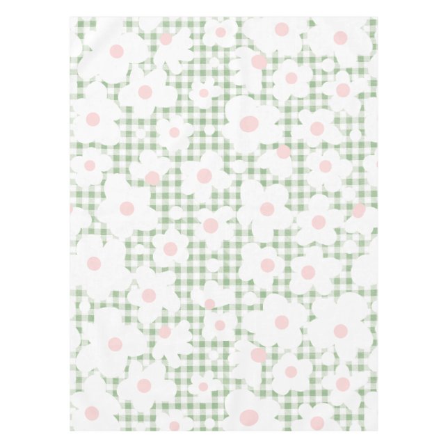 Cute Modern Daisy Pattern on Sage Gingham Plaid  Tablecloth (Front)