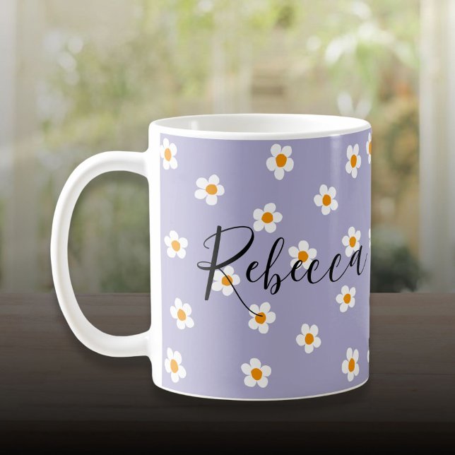 Cute Modern Daisy Pattern Purple Personalised Coffee Mug (Cute Modern Daisy Pattern Purple Personalized Coffee Mug)
