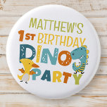 Cute Modern Dino Dinosaur Kid's Birthday Party 3 Cm Round Badge<br><div class="desc">Composed of fun sans serif handwritten typography; Cute T-REX dinosaurs in the backgroud

This is designed by Select Party Supplies,  exclusive for Zazzle.

Available here:
http://www.zazzle.com/store/selectpartysupplies</div>