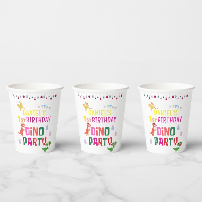 Cute Modern Dino Dinosaur Kid's Birthday Party Paper Cups (Multi)