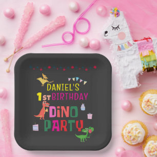 Cute Modern Dino Dinosaur Kid's Birthday Party Paper Plate