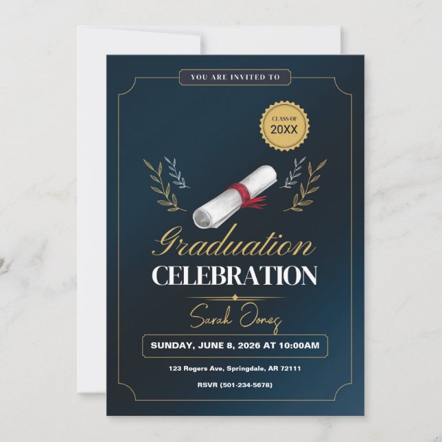 Cute Modern Elegant Navy Blue White Graduation  Invitation (Front)