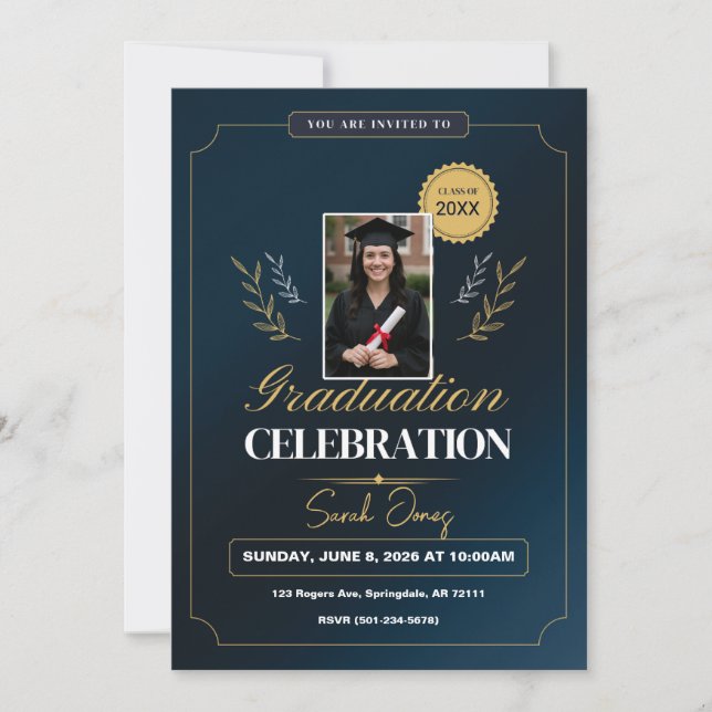 Cute Modern Elegant Navy Blue White Graduation Invitation (Front)