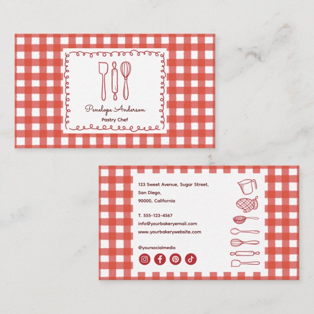 Cute Modern Farmhouse Gingham Social Icons Business Card (Front/Back)