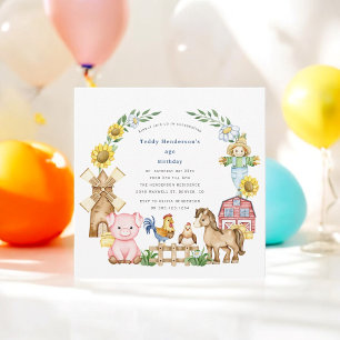 Cute modern farmyard kids birthday invitation