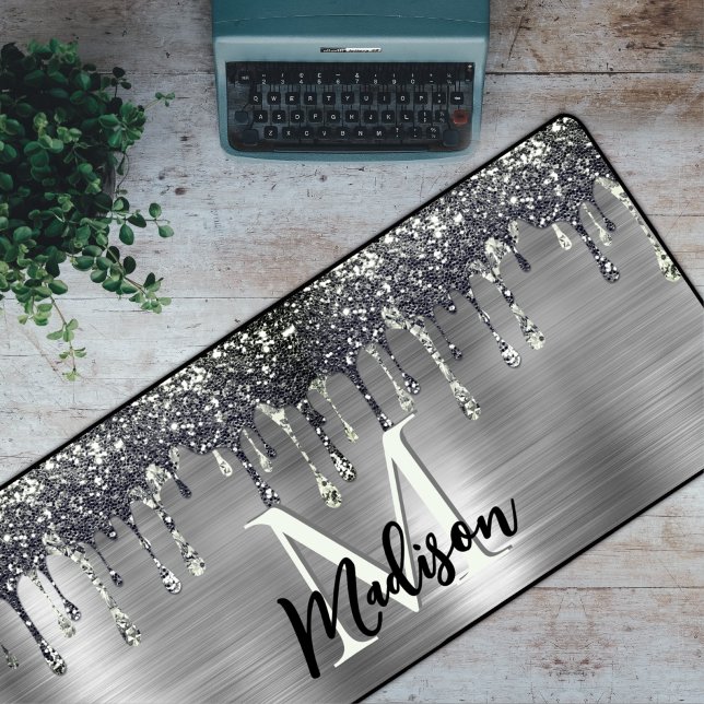 Cute modern Faux silver Glitter Drips monogram Desk Mat (Creator Uploaded)