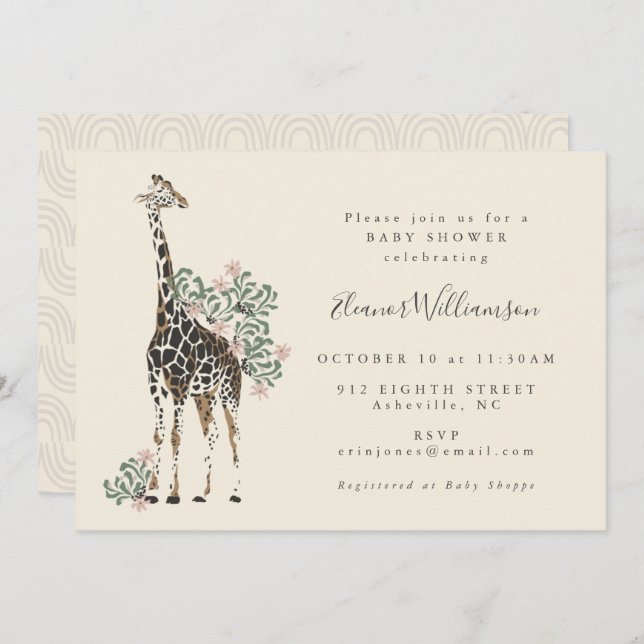 Cute Modern Floral Giraffe Simple Baby Shower  Invitation (Front/Back)