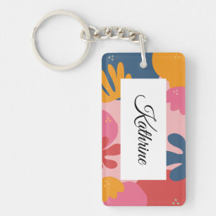Cute modern floral leaf personalised name key ring