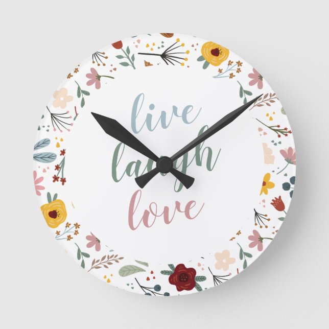 Cute Modern Floral Live Laugh Love  Round Clock (Front)