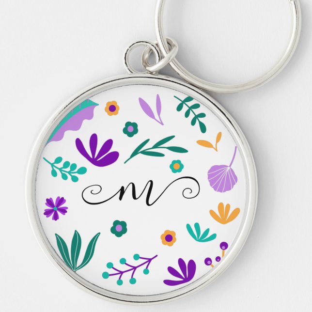 Cute Modern Flowers and Leaves Key Ring (Front)