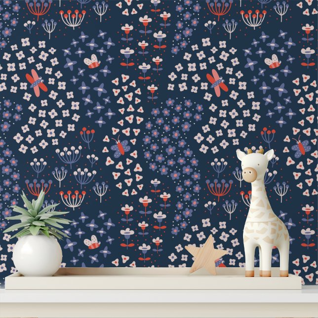 Cute Modern Flowers Butterfly Blue White Pattern Wallpaper (Creator Uploaded)