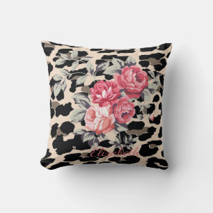 Cute Modern Flowers On Leopard Print-Personalised Cushion