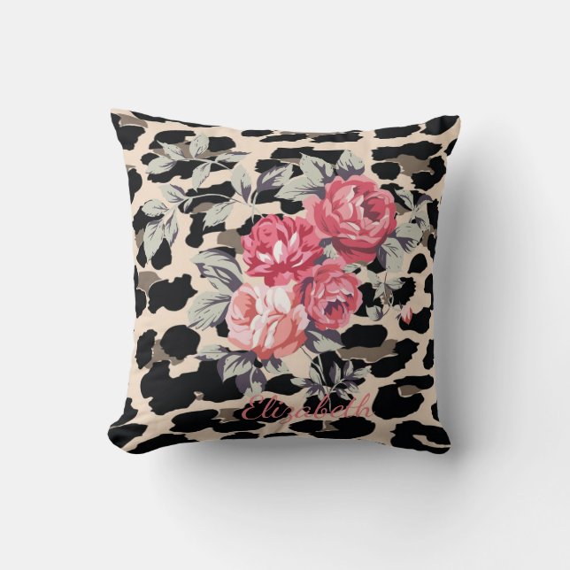 Cute  Modern Flowers On Leopard Print-Personalised Cushion (Front)