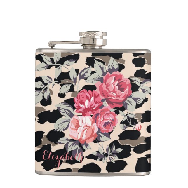Cute  Modern Flowers On Leopard Print-Personalised Hip Flask (Front)