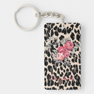 Cute  Modern Flowers On Leopard Print-Personalised Key Ring