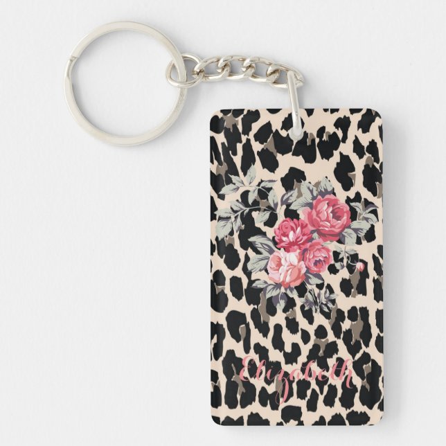 Cute  Modern Flowers On Leopard Print-Personalised Key Ring (Front)