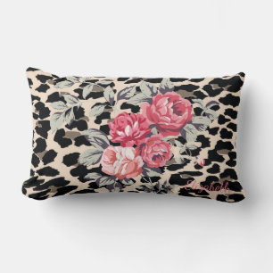 Cute Modern Flowers On Leopard Print-Personalised Lumbar Cushion