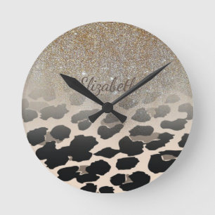 Cute  Modern Flowers On Leopard Print-Personalised Round Clock