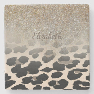 Cute Modern Flowers On Leopard Print-Personalised Stone Coaster