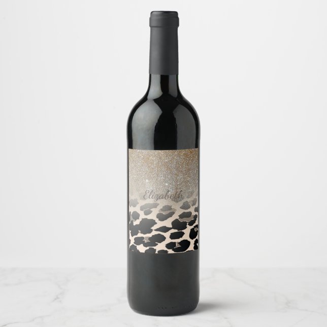 Cute  Modern Flowers On Leopard Print-Personalised Wine Label (Front)