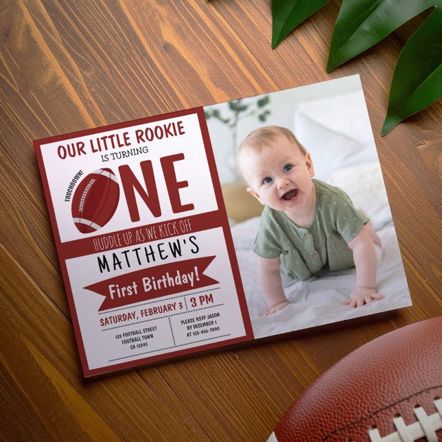 Cute Modern Football Ribbon Photo 1st Birthday Invitation (Creator Uploaded)