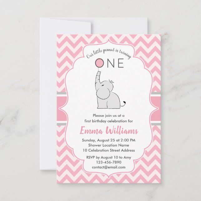 Cute Modern Girl Pink Grey Elephant 1st Birthday Invitation (Front)