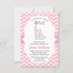 Cute Modern Girl Pink Grey Elephant 1st Birthday Invitation