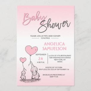 Cute Modern GIRL Pink Mummy Elephant & Baby Shower Invitation