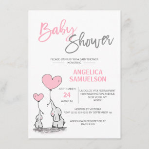 Cute Modern GIRL Pink Mummy Elephant & Baby Shower Invitation